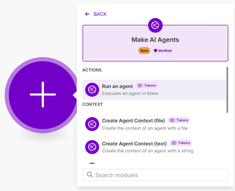 Make automation module menu showing options to run AI agents and set up Zapier alternatives workflows.