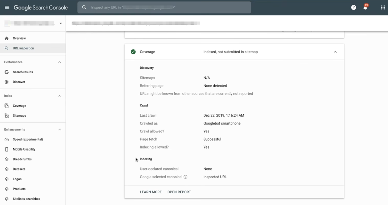 Google Search Console screen showing URL inspection report for a comprehensive technical seo audit service.