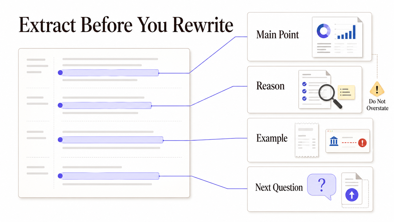 Infographic detailing a strategy to extract key business insights and examples from an Instagram transcript for business.