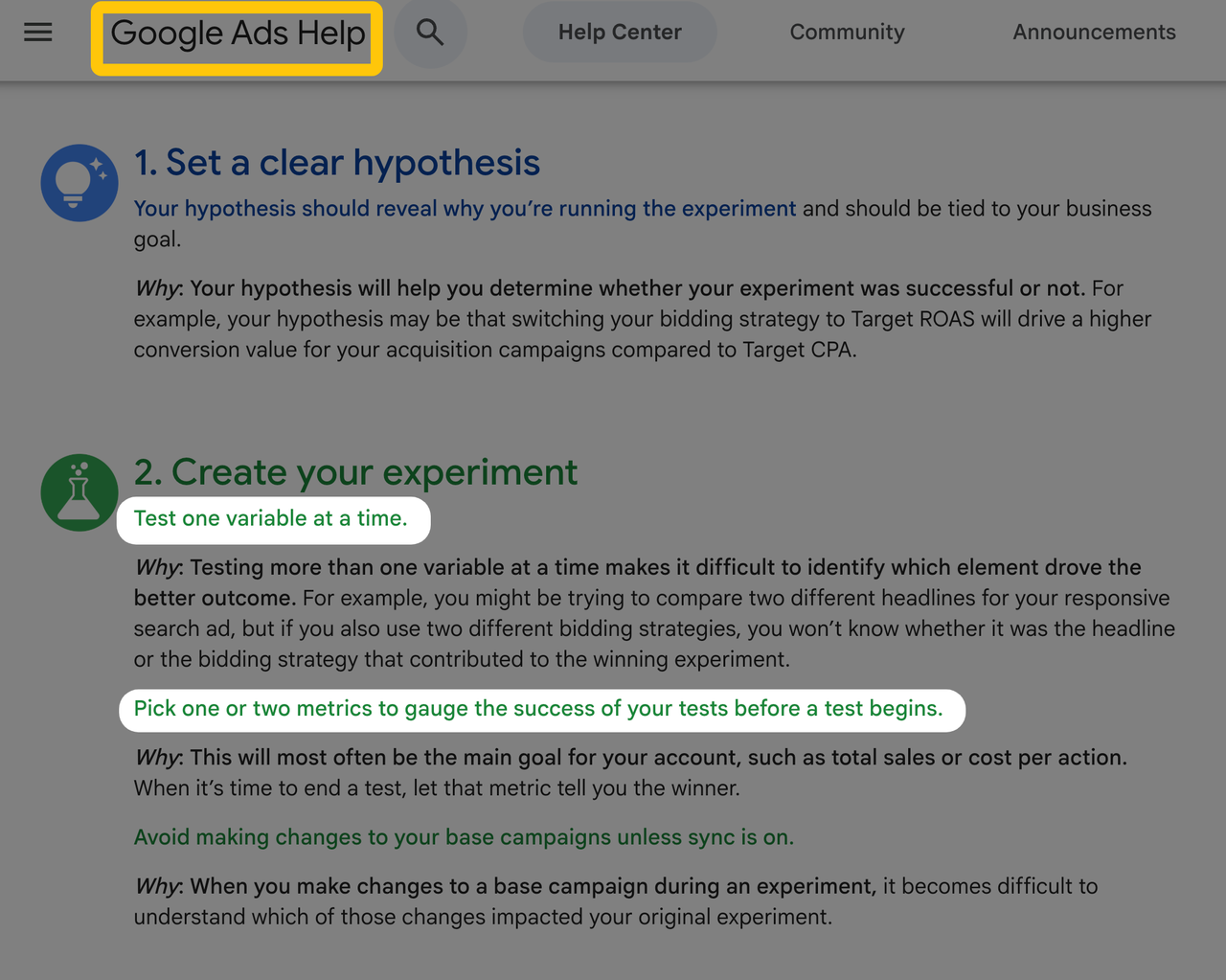 Reviewing Google Ads help instructions to safely test flux 3 max ad creative variants.