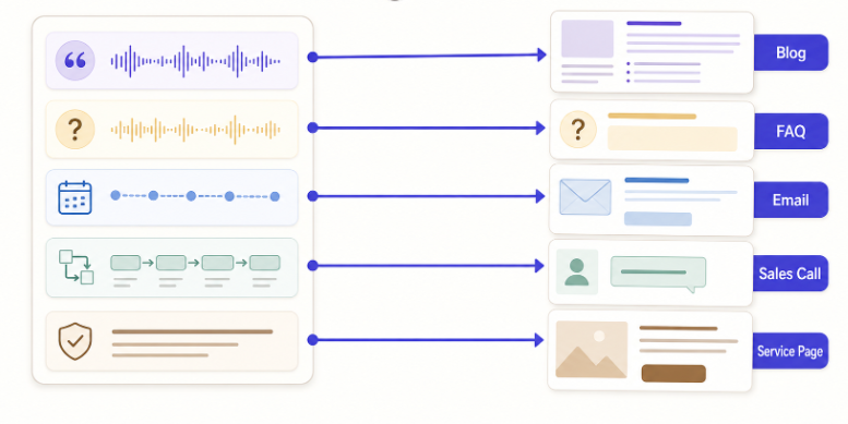 Visual workflow showing an Instagram transcript for business being repurposed into Blog, FAQ, Email, Sales Call, and Service pages.