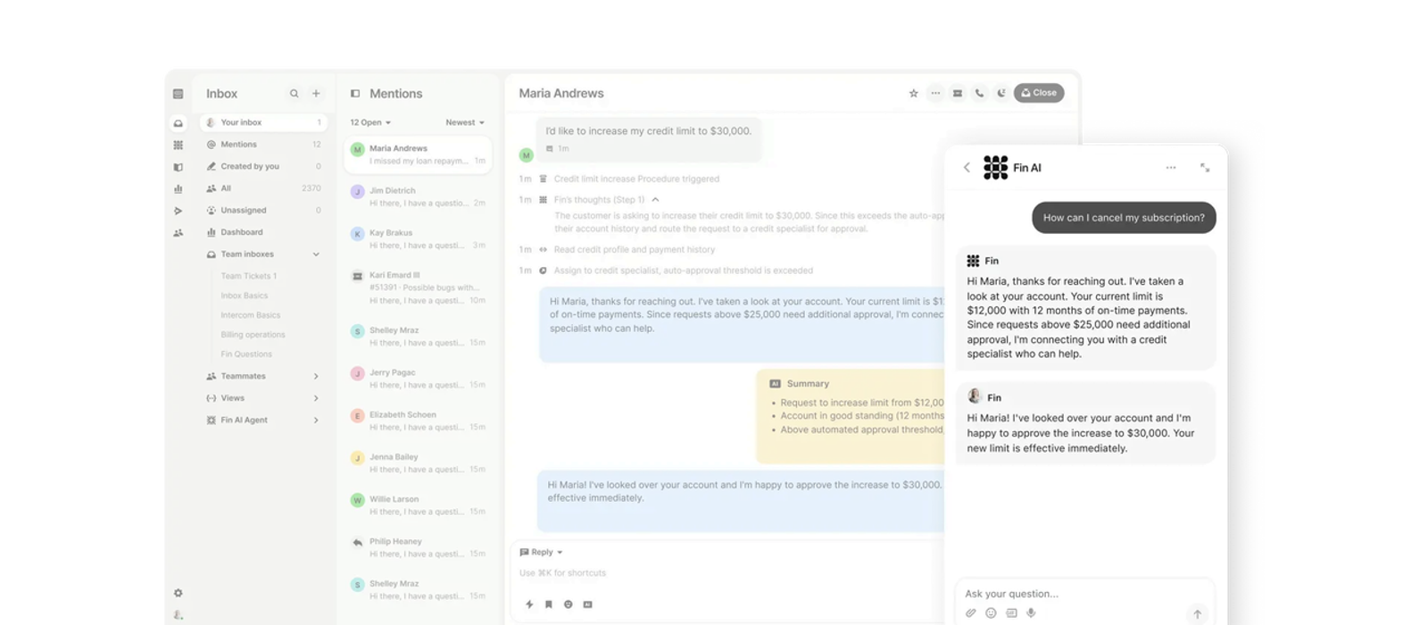 Customer support inbox using Fin AI, illustrating how the best AI agents resolve user tickets.
