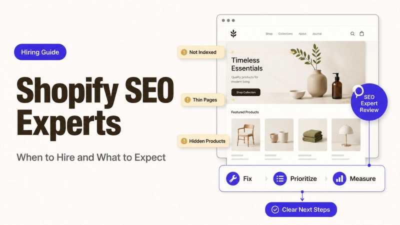 A hiring guide from Shopify SEO experts showing common website issues and the process to fix, prioritize, and measure.
