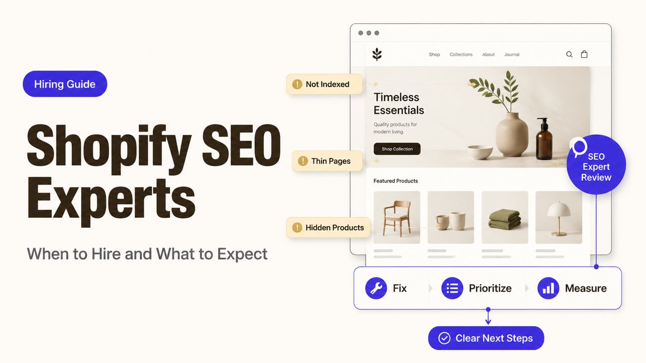 A hiring guide from Shopify SEO experts showing common website issues and the process to fix, prioritize, and measure.