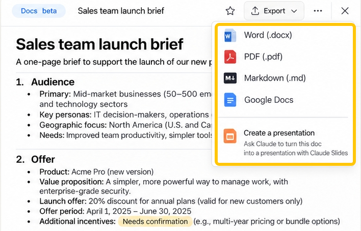 Explore the versatile export options in claude docs, including PDF, Word, Markdown, and Google Docs.