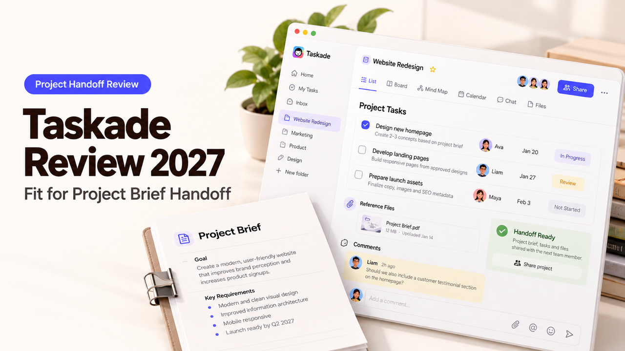 Comprehensive Taskade review showing project brief handoff tools, task list view, and team collaboration features.
