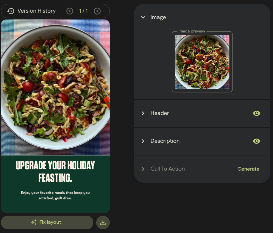A side-by-side view of a food ad and the Pomelli AI backend, showing content generation.