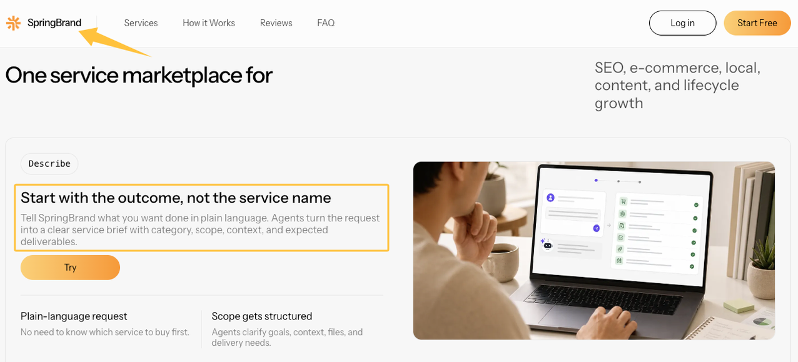 SpringBrand platform illustrating how service marketplaces can influence digital marketing agency pricing options.