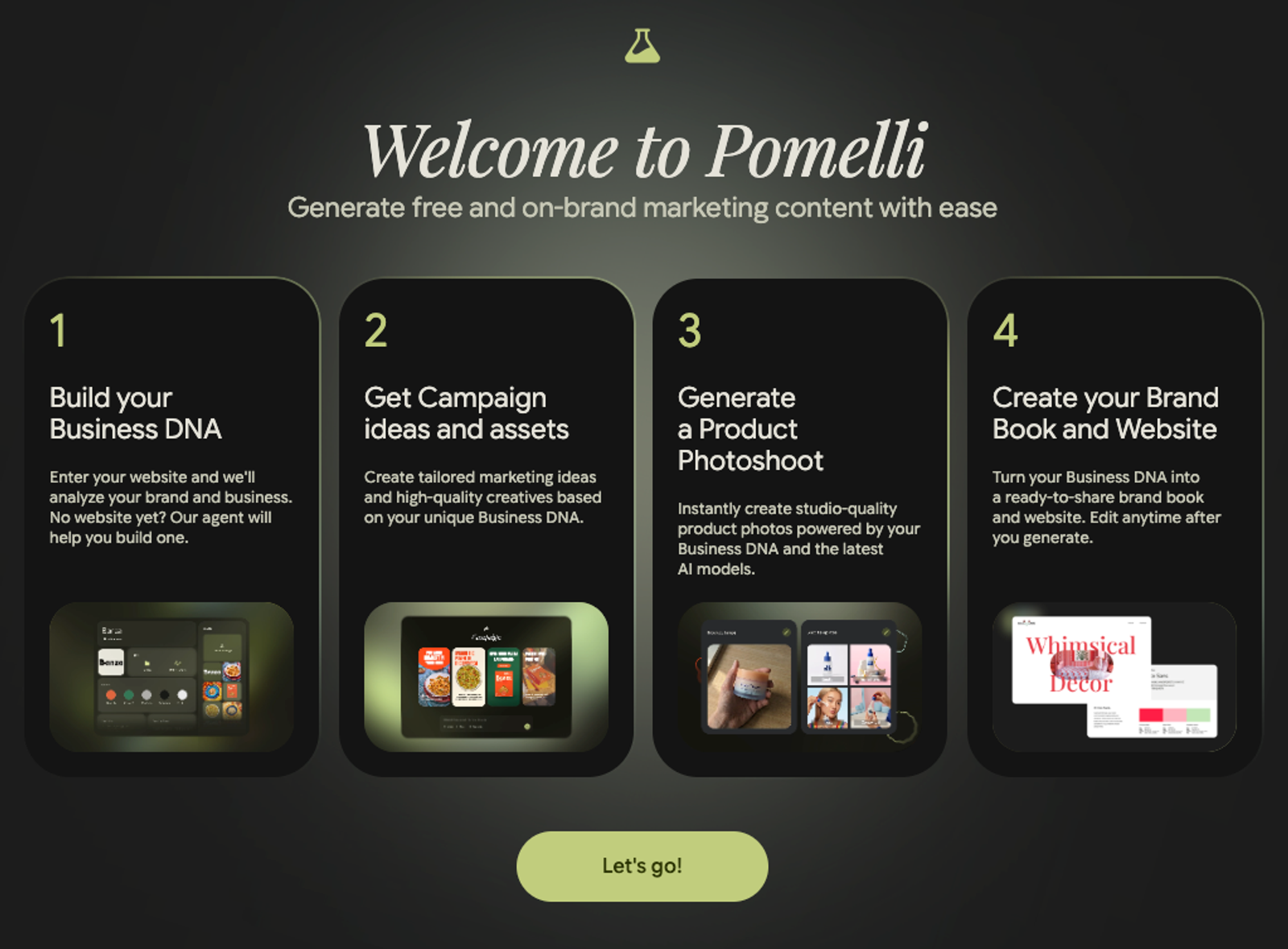 Welcome screen of Pomelli AI showing four steps to easily generate free, on-brand marketing content.