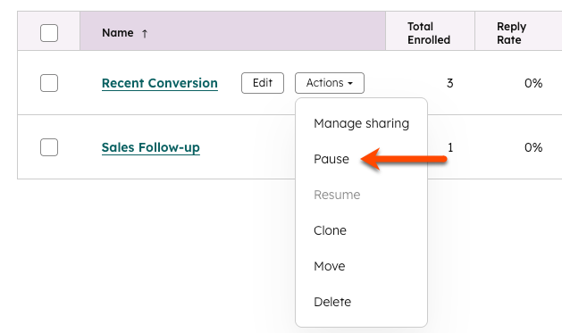 An orange arrow points to the Pause option in the actions dropdown menu for a sales follow-up sequence.