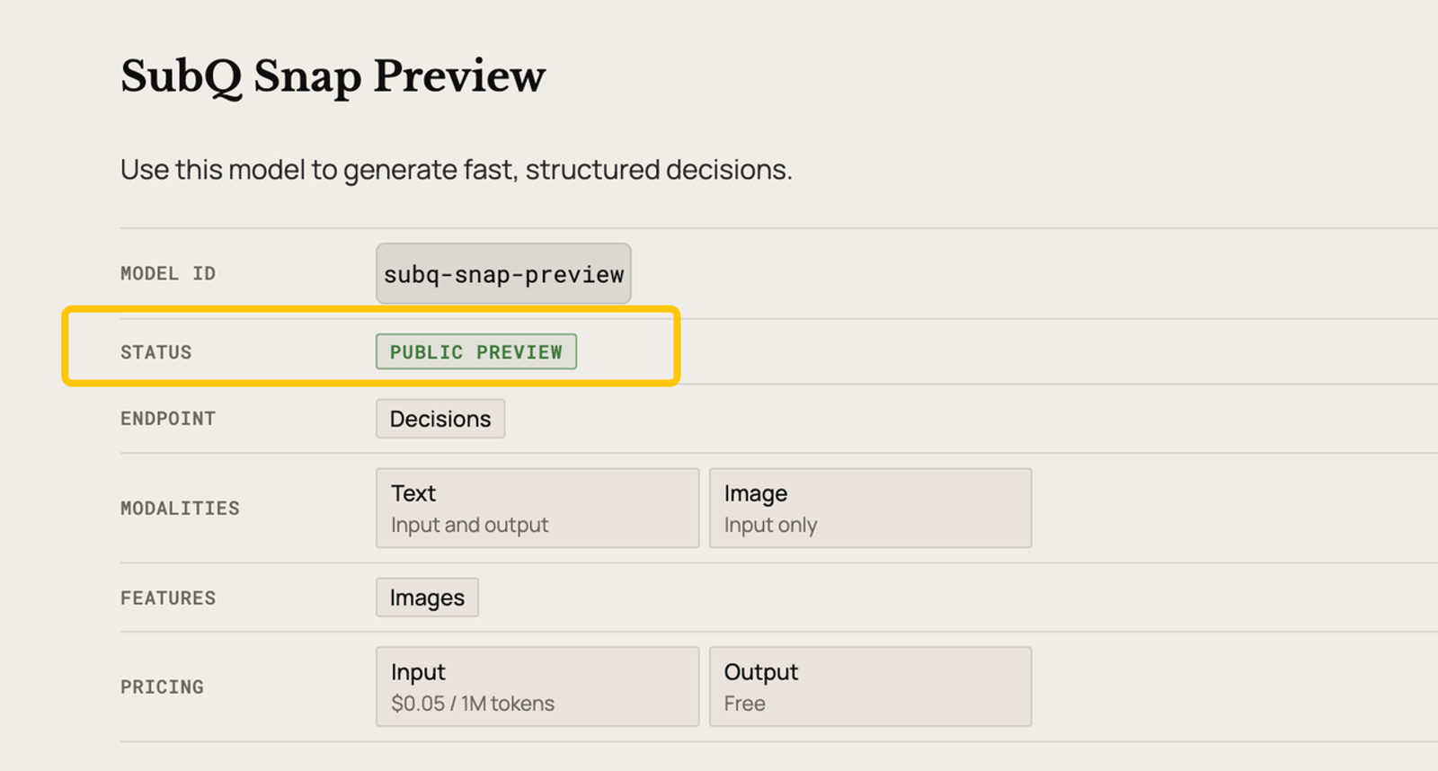 Dashboard for SubQ Snap displaying the public preview status and pricing for structured decisions.
