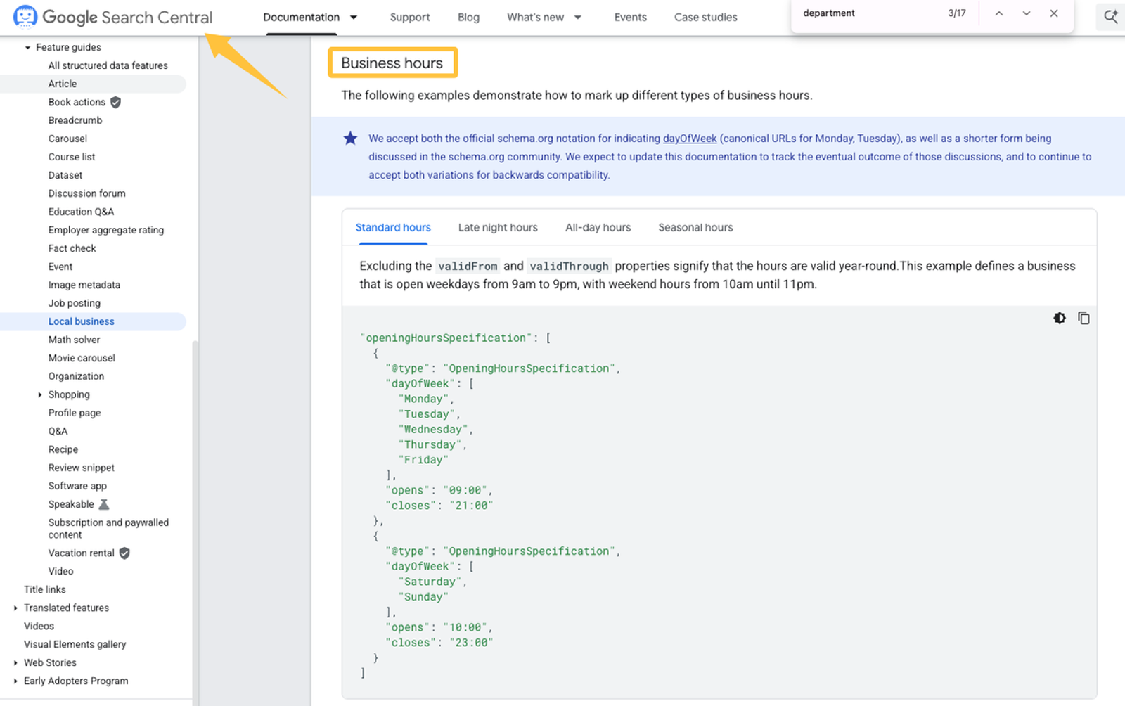 Google Search Central documentation displaying JSON-LD schema markup for business hours on a local seo checklist audit.