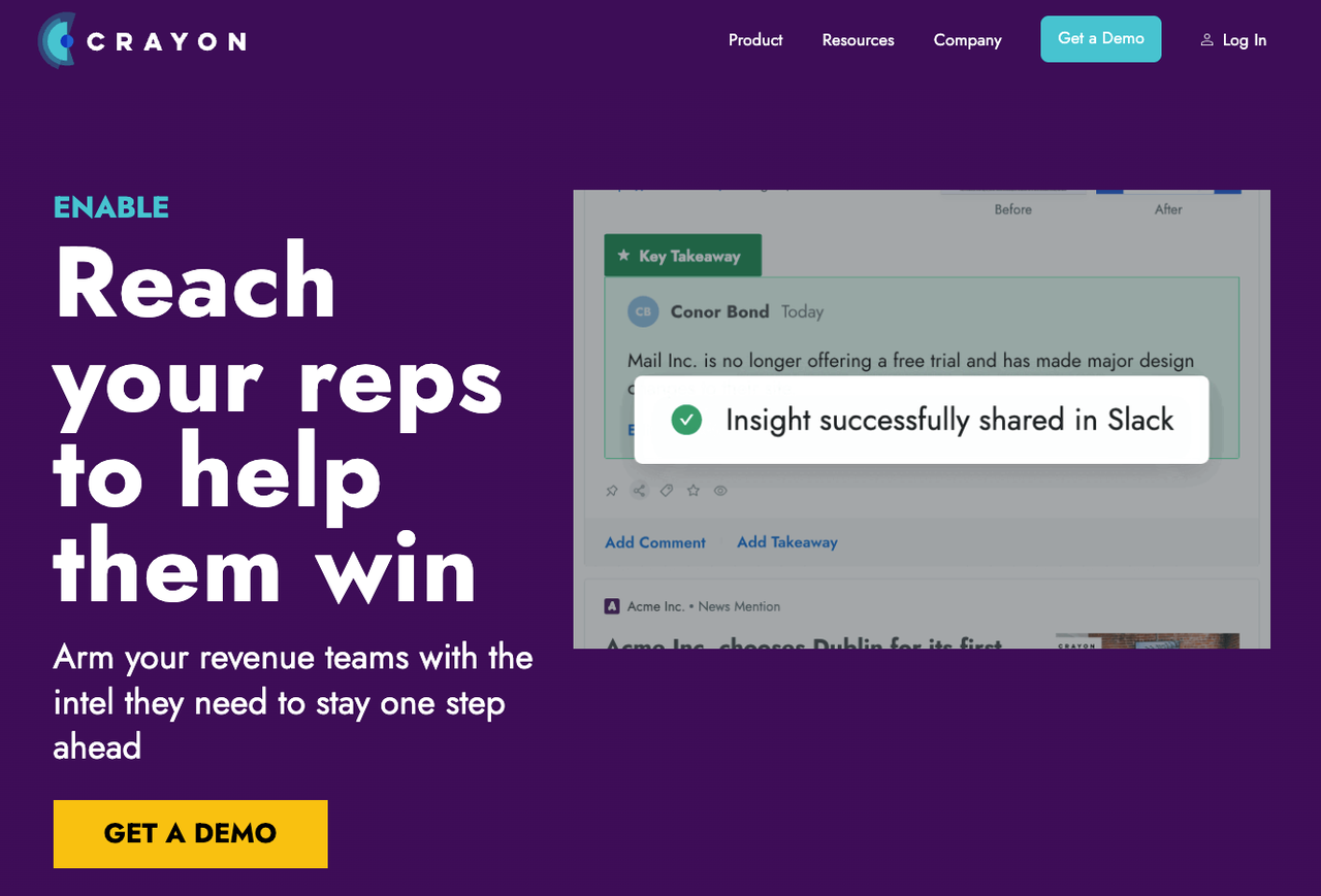 Crayon is among top market intelligence tools, enabling teams to capture competitor insights and share them.