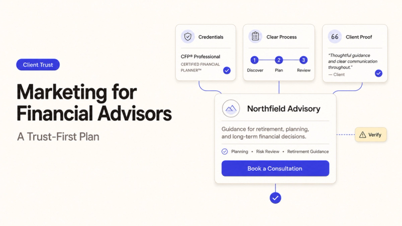 A trust-first plan in digital marketing for financial advisors featuring credentials and client proof.