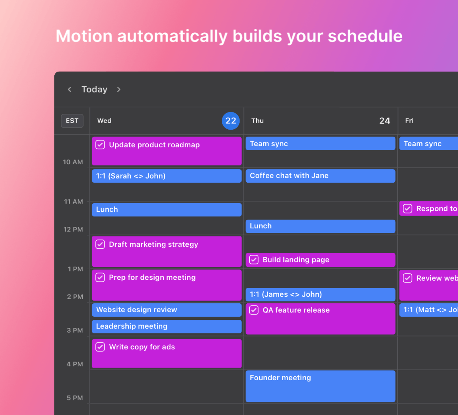 A dark mode calendar interface from Motion AI showing automatically scheduled tasks and meetings across the week.