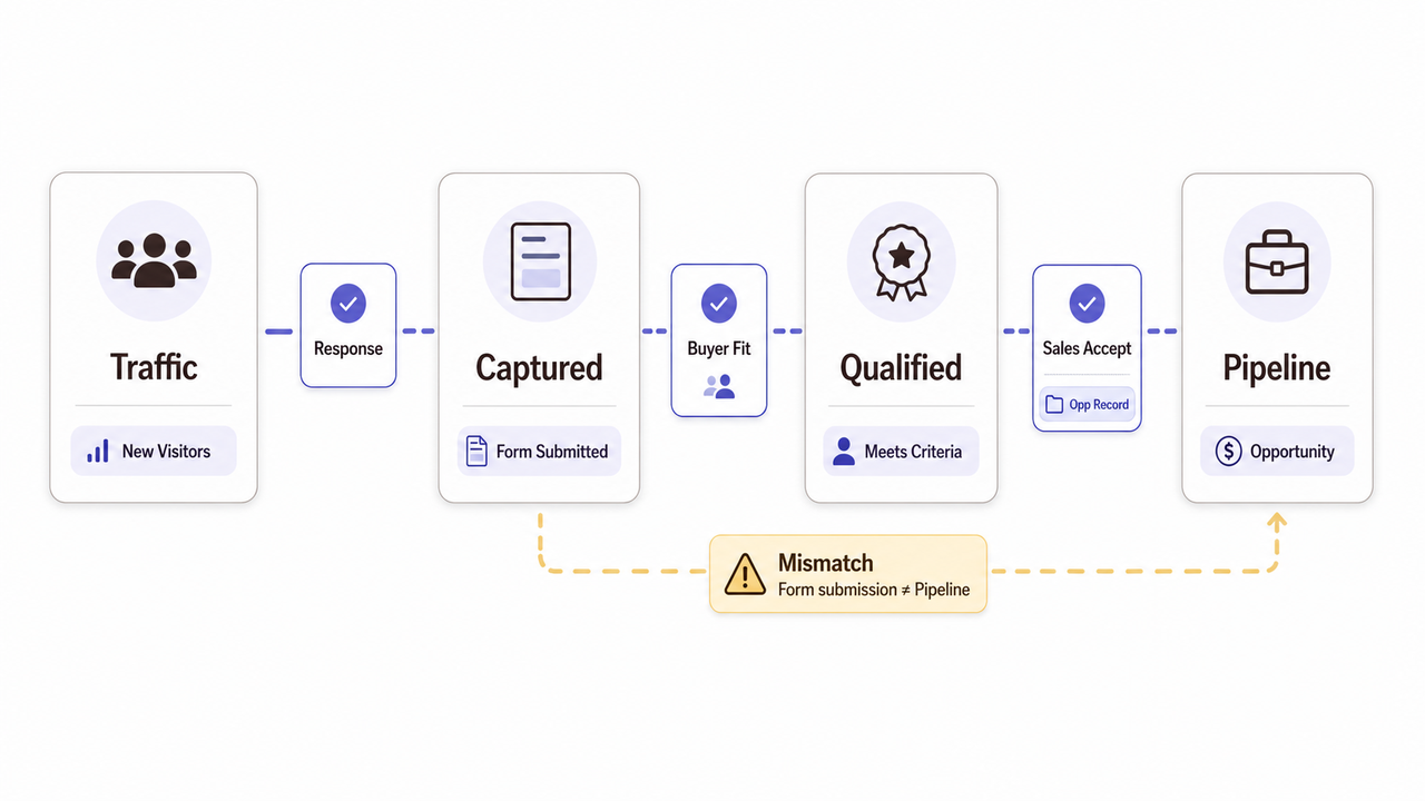 Diagram of content marketing lead gen pipeline stages from traffic to captured, qualified, and pipeline.