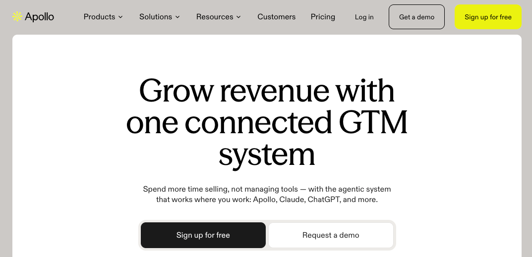 Apollo homepage highlighting GTM software solutions as leading clay alternatives for B2B prospecting.