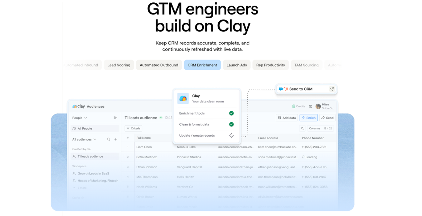 A key section in our Clay review: GTM engineers building on Clay to enrich audiences and send clean data to CRM.