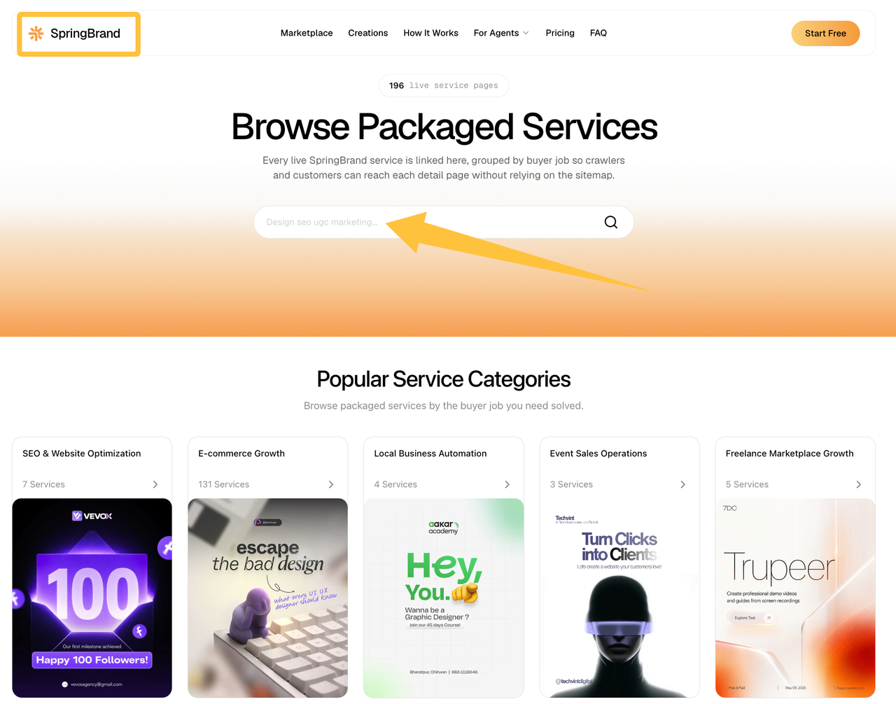 SpringBrand packaged services marketplace, a valuable ecosystem integrated with Skydive AI for business.