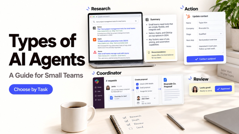 Explore different types of AI agents in this guide for small teams, featuring task coordination and automated workflows.