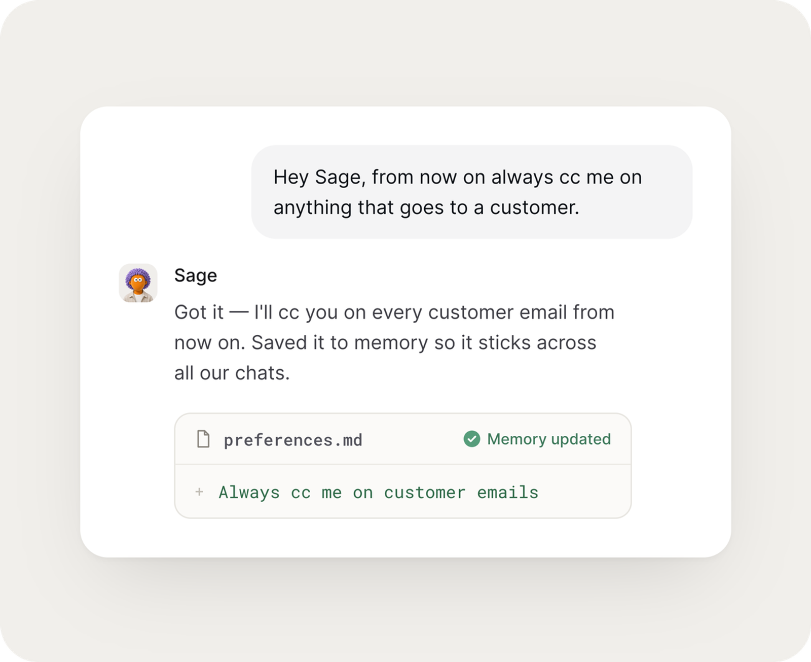 A key feature in our Skydive AI review is the AI agent updating its system memory with custom user email preferences.