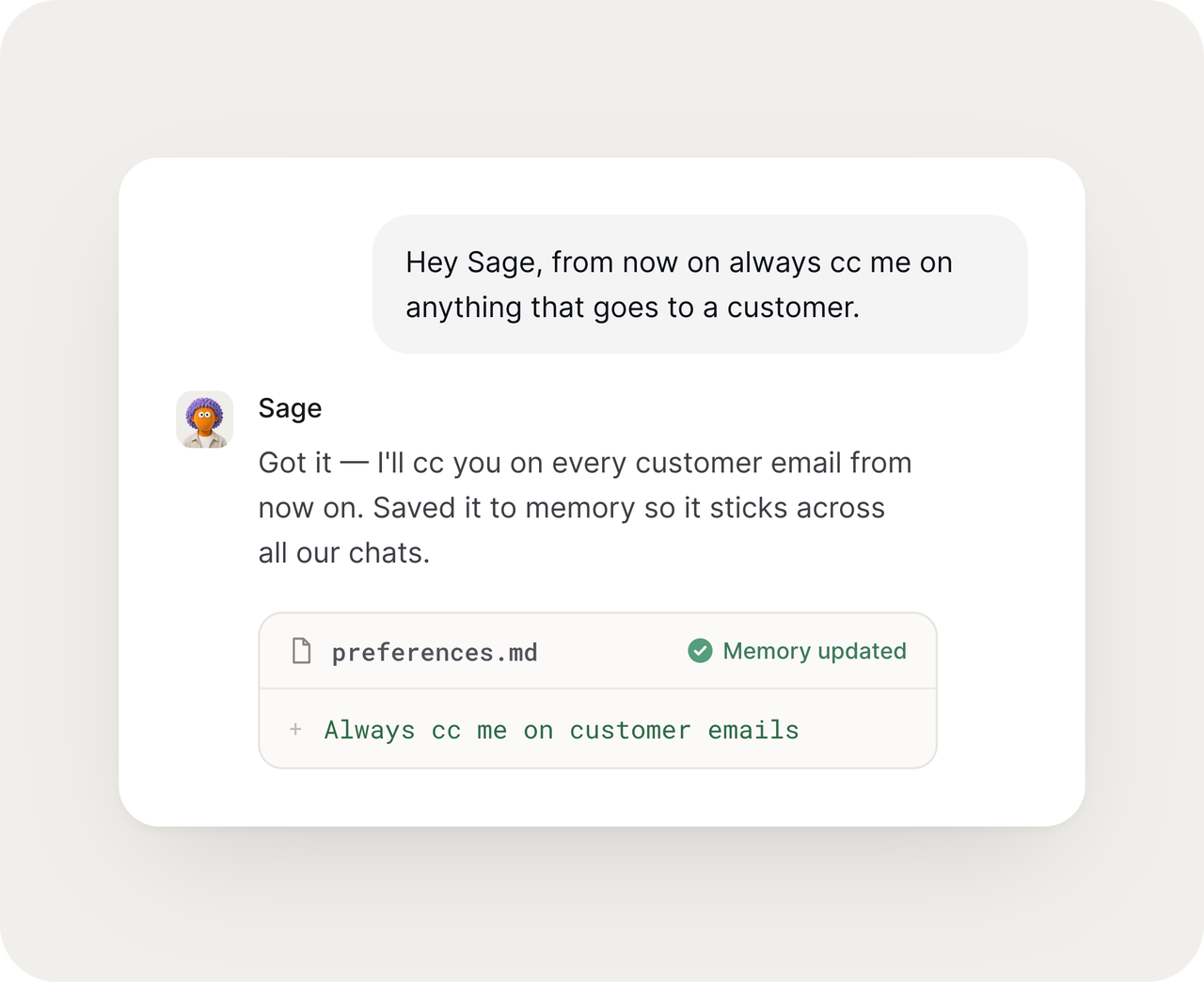 A key feature in our Skydive AI review is the AI agent updating its system memory with custom user email preferences.