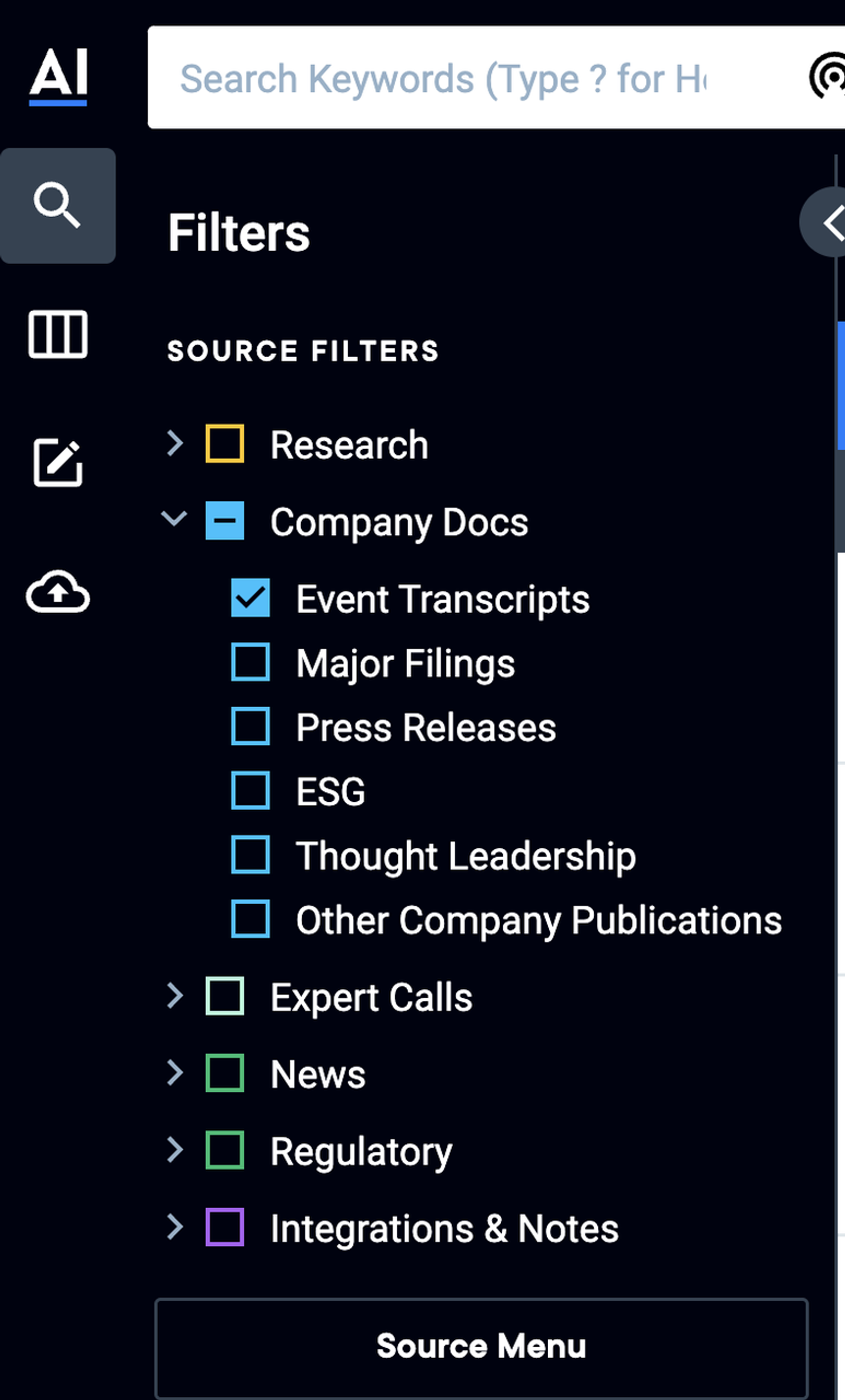 Advanced source filters in market intelligence tools help users easily find company documents and transcripts.