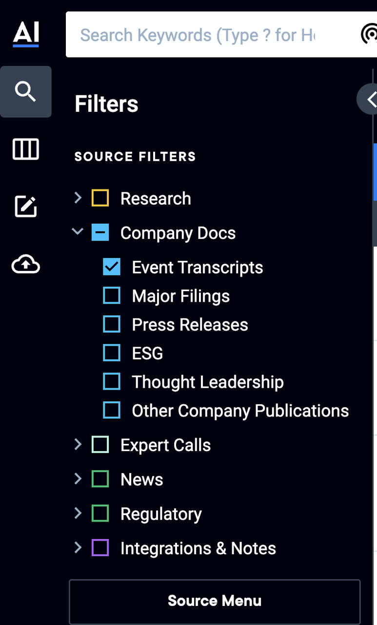 Advanced source filters in market intelligence tools help users easily find company documents and transcripts.