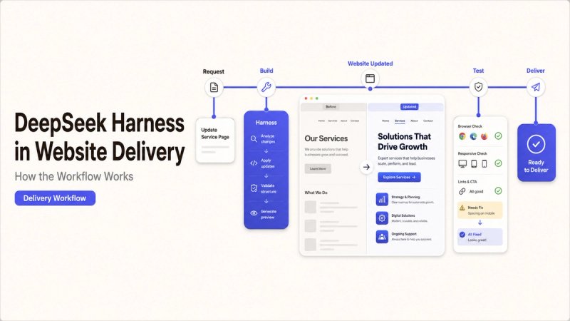 Flowchart detailing how does deepseek harness work in website delivery from request to delivery.