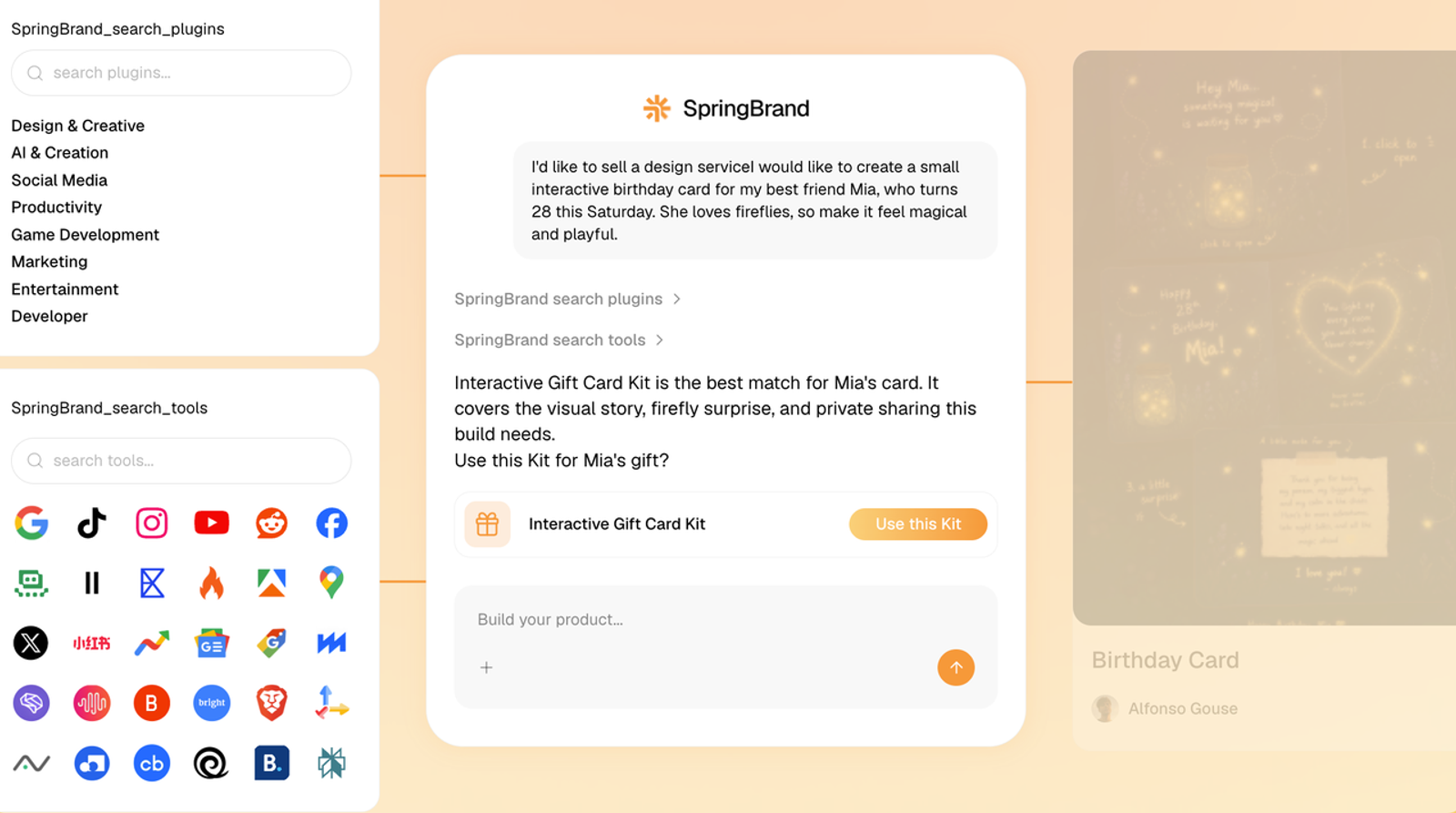 A user interface dashboard showcasing an enterprise AI tool generating custom designs using smart plugins.