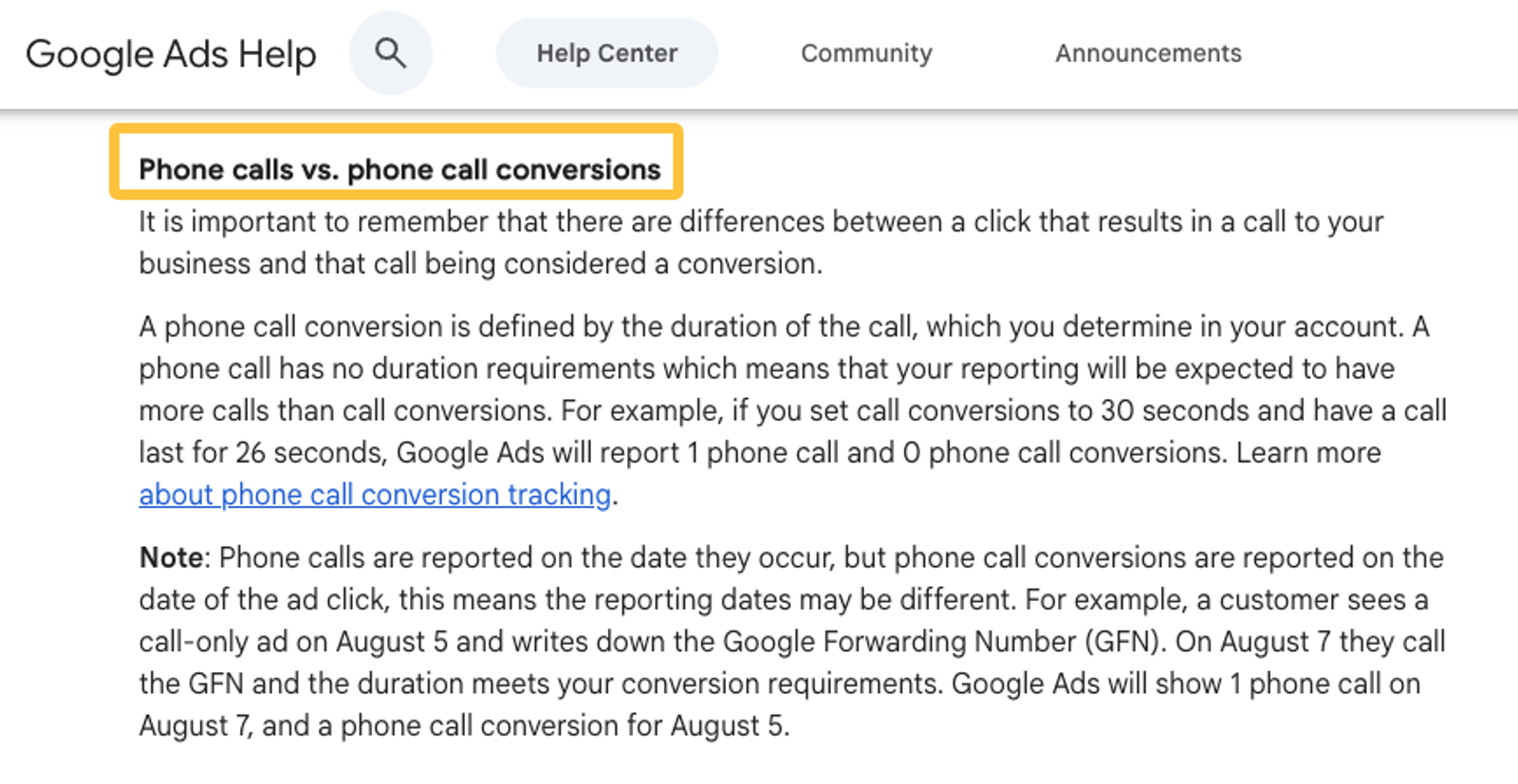 Google Ads help text explaining phone calls versus phone call conversions for digital marketing for plumbers tracking.