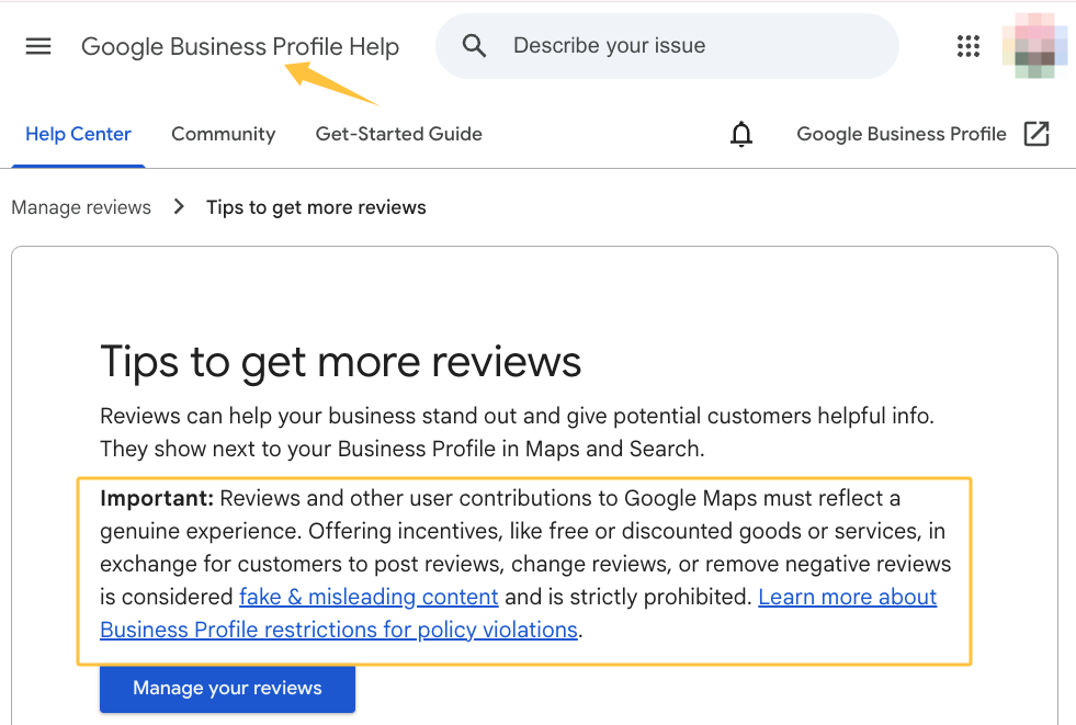 Google Business Profile help page showing strict review policies against offering incentives for a local seo checklist.