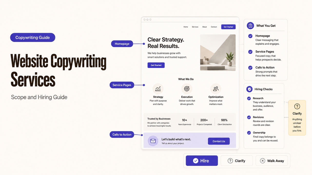 A comprehensive visual guide to website copywriting services, detailing scope, homepage copy, and hiring checklists.