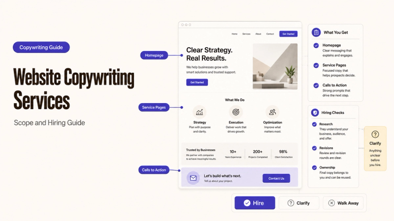 A comprehensive visual guide to website copywriting services, detailing scope, homepage copy, and hiring checklists.