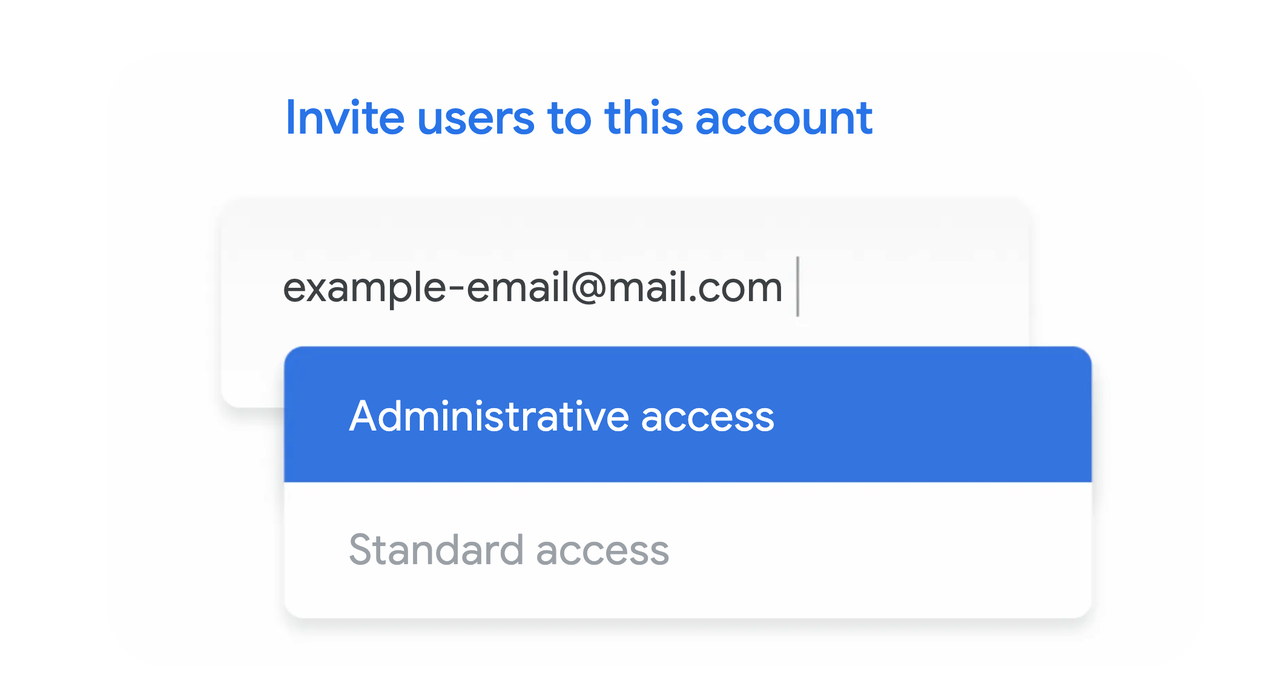 Interface for inviting users and assigning administrative access during google ads management services onboarding.
