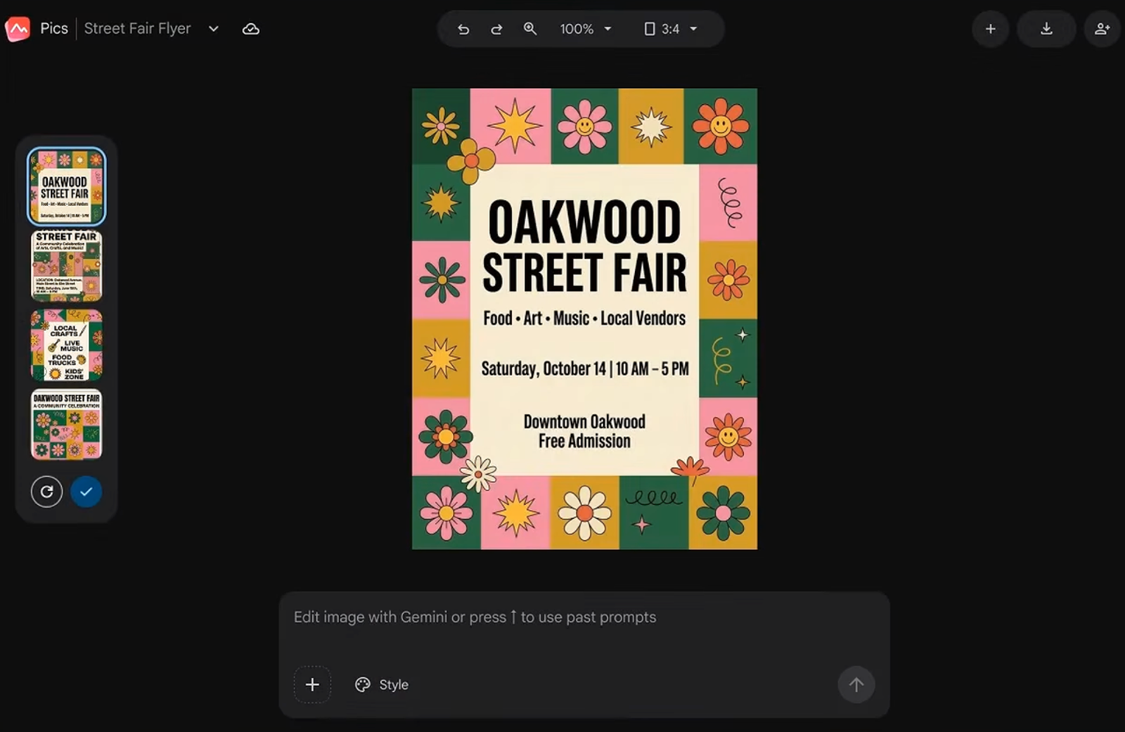 Designing a retro Oakwood street fair flyer using the Google Pics small business creative tool.