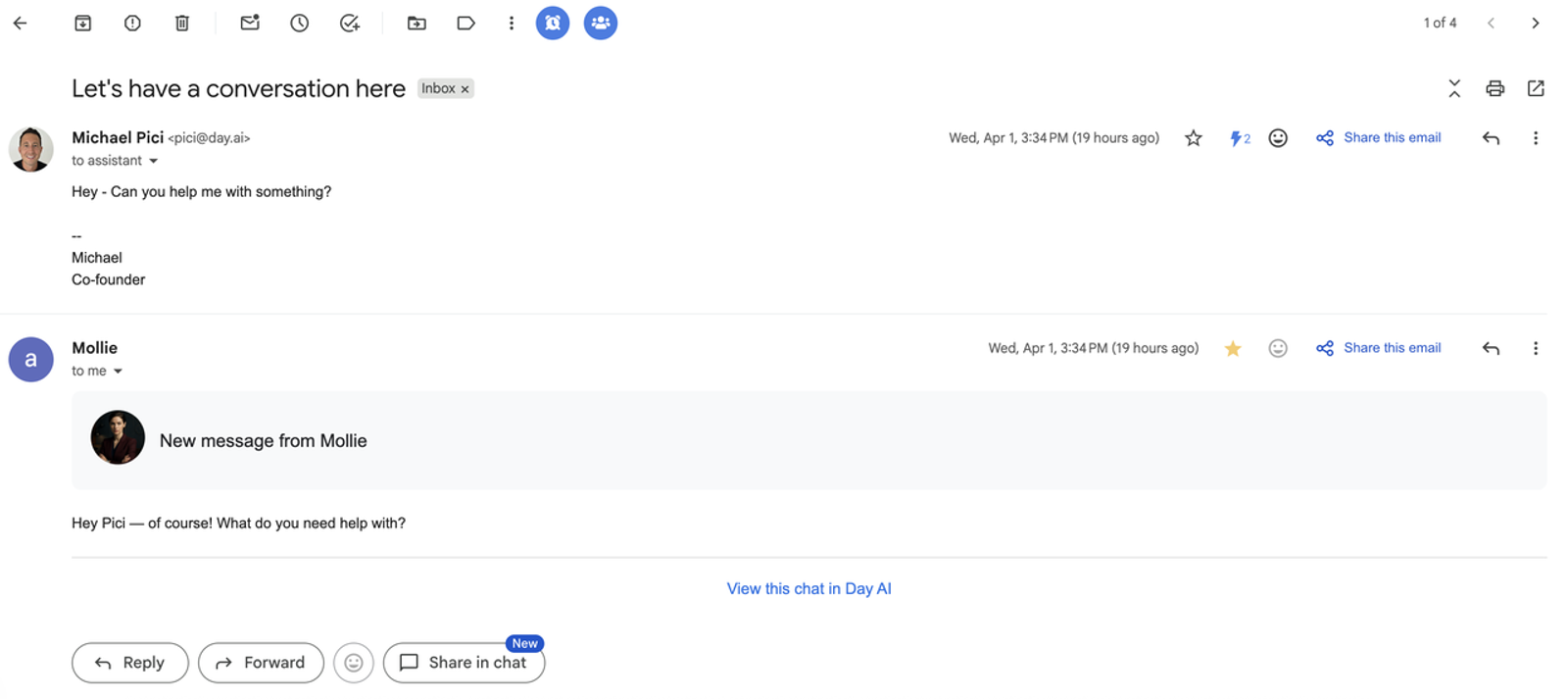 Screenshot of email inbox conversation showing Day AI assistant chat notifications.