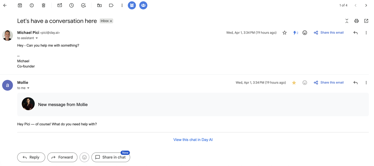 Screenshot of email inbox conversation showing Day AI assistant chat notifications.