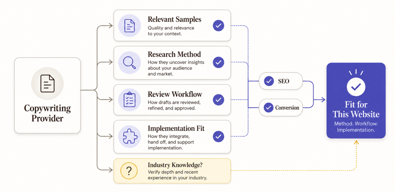 Criteria for choosing website copywriting services, including evaluating samples, research methods, and review workflows.