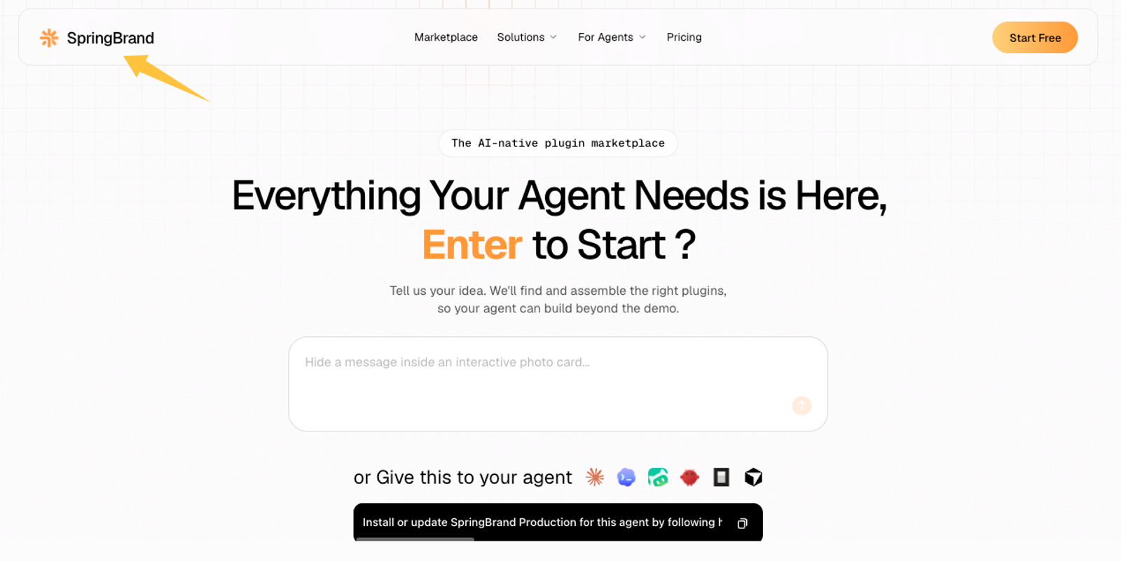 The SpringBrand homepage highlighting an AI-native plugin marketplace, relevant to an OpenSEO review of its AI agent ecosystem.