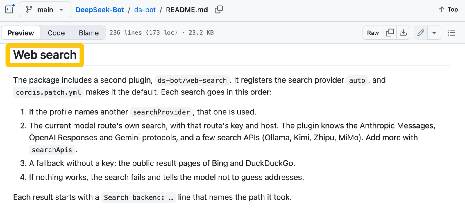 DeepSeek Bot GitHub repository README file explaining the web search plugin, search providers, and fallback mechanisms.