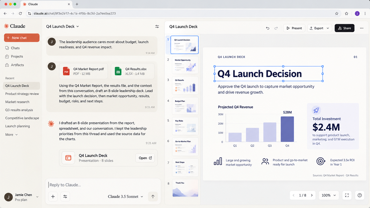 Exploring the Claude Slides vs Google Slides debate with Claude generating presentation decks from files.