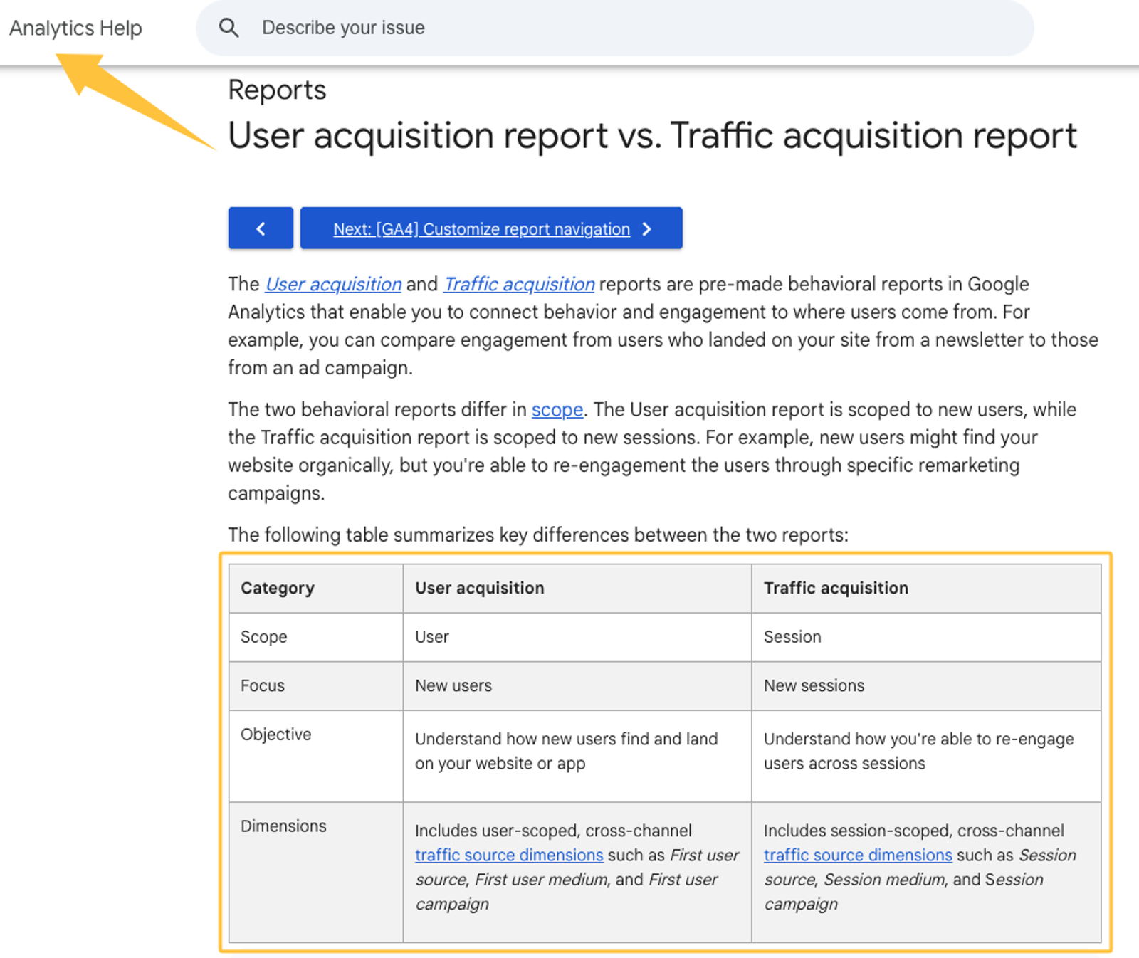 Analytics help page useful for measuring the marketing strategy vs gtm strategy difference via user and traffic reports.