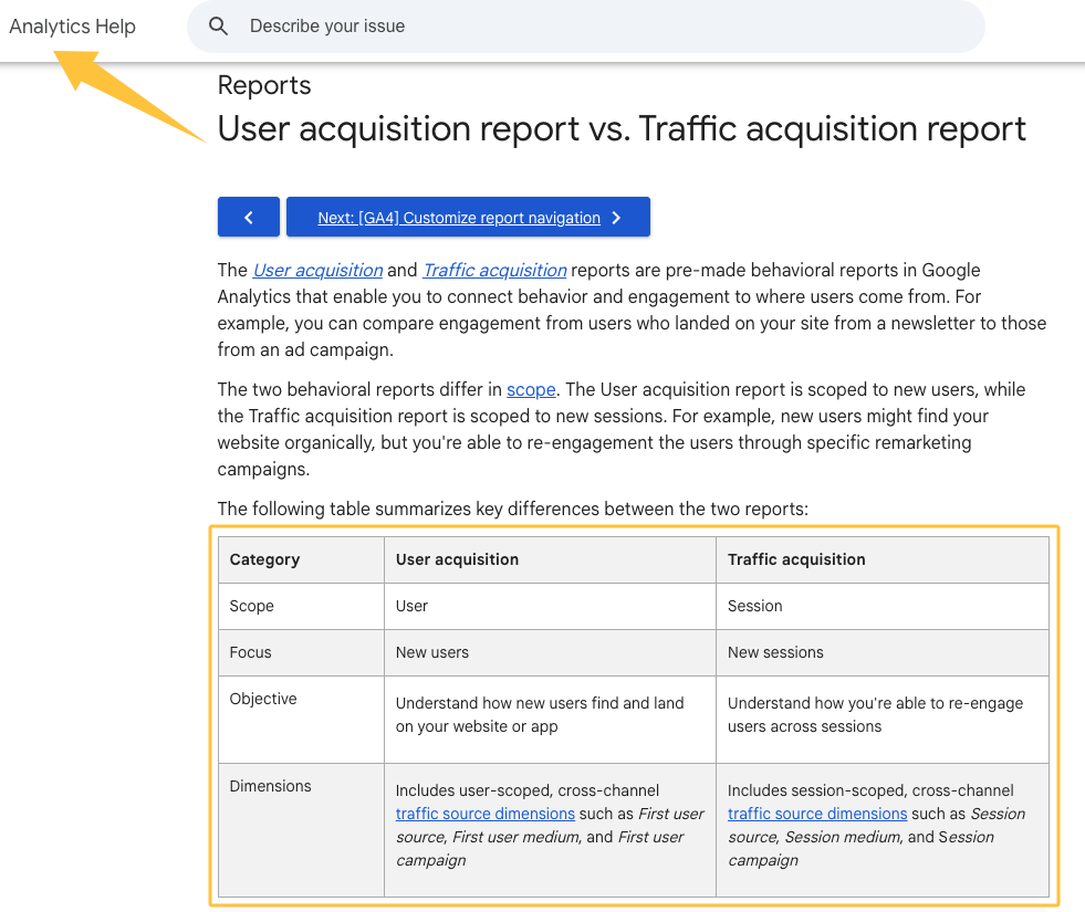 Analytics help page useful for measuring the marketing strategy vs gtm strategy difference via user and traffic reports.