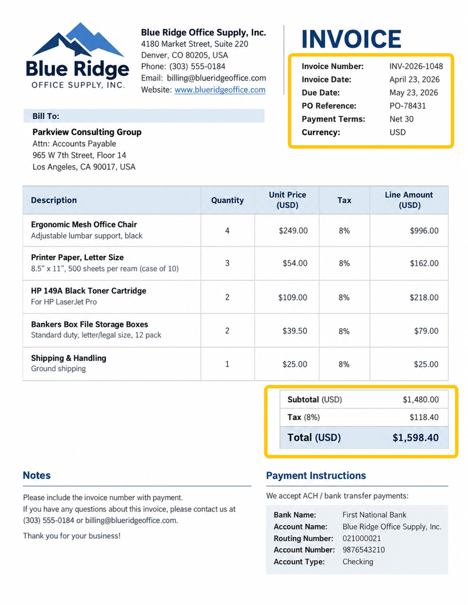 A standard business bill processed accurately by leading invoice data extraction software to capture line items.