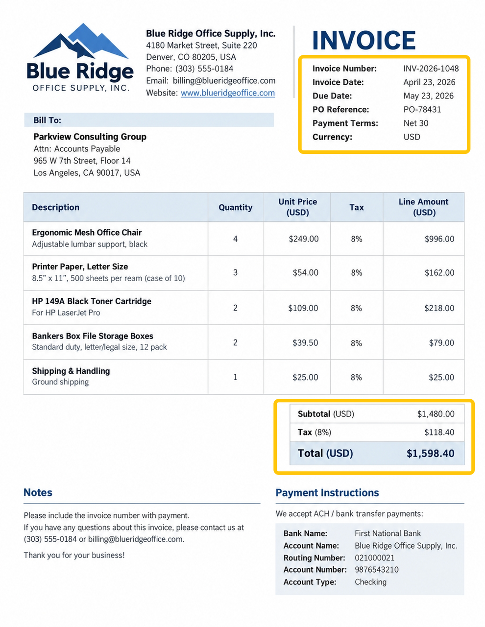 A standard business bill processed accurately by leading invoice data extraction software to capture line items.
