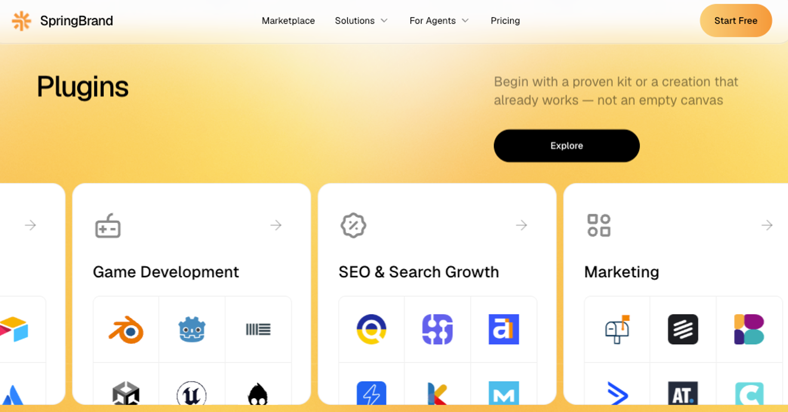 SpringBrand plugins marketplace showing SEO and marketing categories for integrating workflow automation tools.