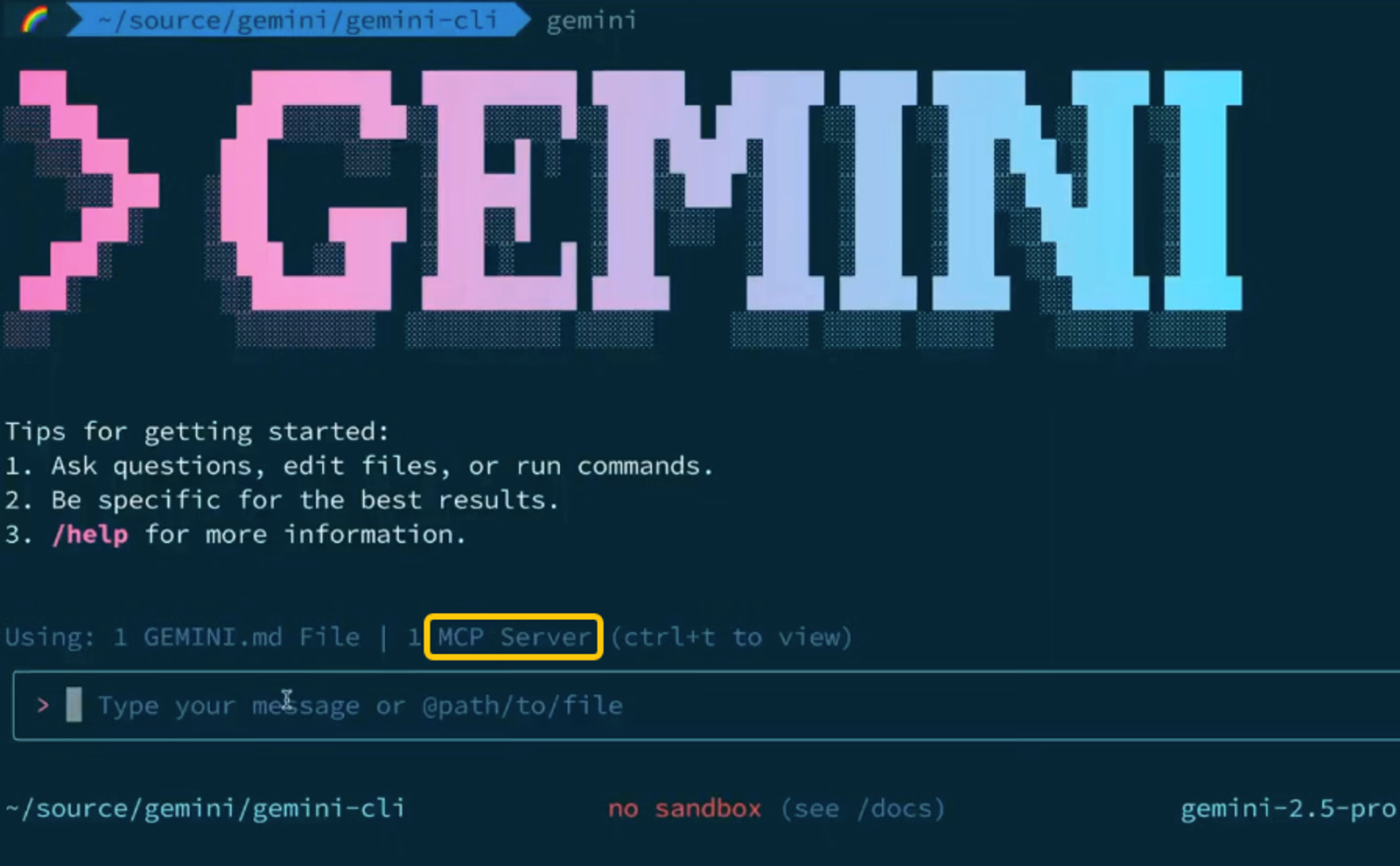 Terminal screen highlighting best MCP servers for business sales marketing integration in Gemini CLI tool.