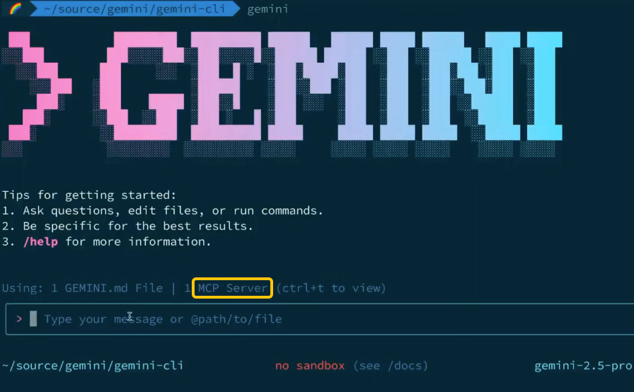 Terminal screen highlighting best MCP servers for business sales marketing integration in Gemini CLI tool.