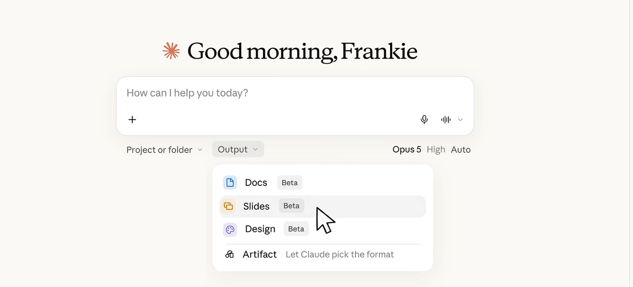 Start your claude slides review by selecting the beta slides output format from the main chat interface menu.